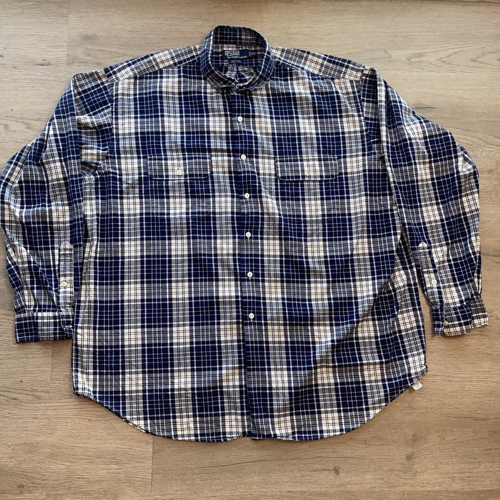 VTG Polo Ralph Lauren Maxstead Plaid Shirt L Loop Camp Collar Flap Pockets Work